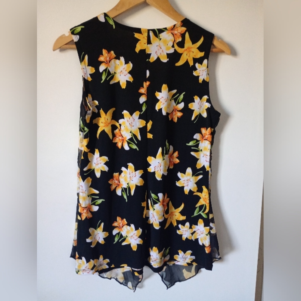 Adele & May Black and Yellow Floral Tropical Top with Sheer Overlay Size Small - Picture 7 of 12